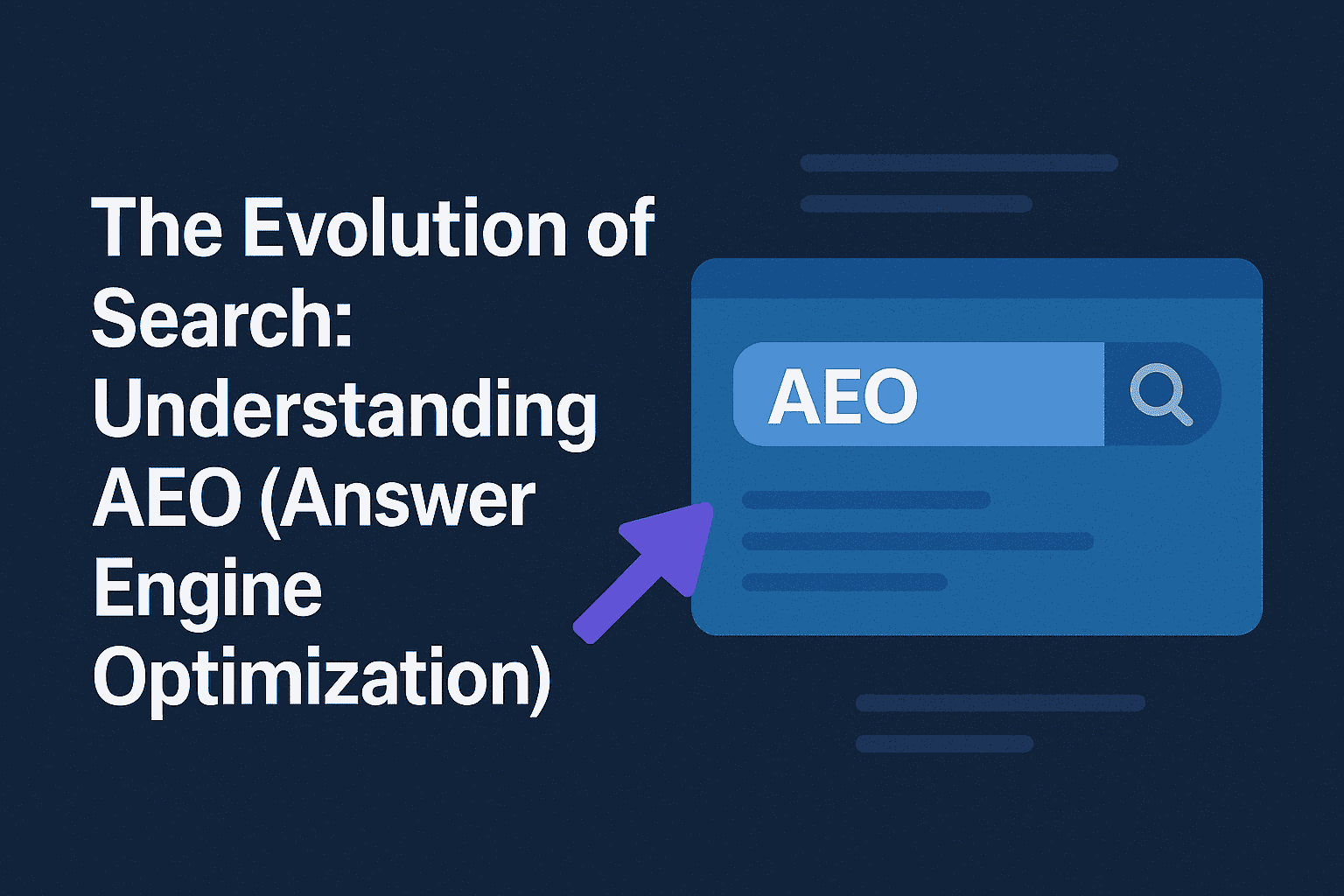 Graphic illustrating the evolution of search to AEO with text 'The Evolution of Search: Understanding AEO (Answer Engine Optimization)' next to a stylized search bar interface showing 'AEO' as the search query.